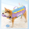 Un perro Shiba Inu vistiendo un chaleco salvavidas morado y azul para nadar en verano