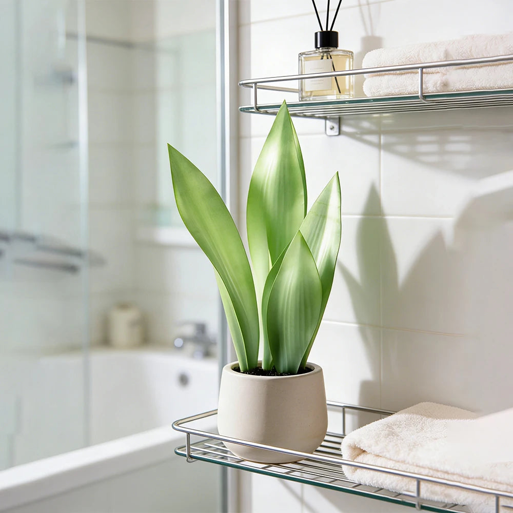 Artificial snake plant in a potted plant displayed on a bathroom shelf.