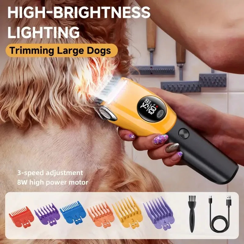 Eine Hand benutzt einen gelben Haartrimmer für das Trimmen des Fells eines Hundes.