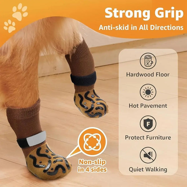 A dog wearing anti-slip socks with a strong grip on a hardwood floor and hot pavement.