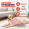 Un perro Labrador dorado vistiendo un traje de invierno de forro rosa y blanco a la rayas, en interiores.