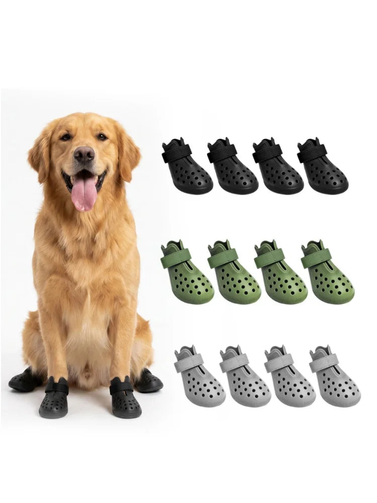 A golden retriever sits next to various black, green, and gray waterproof silicone pet rain boots for dogs.