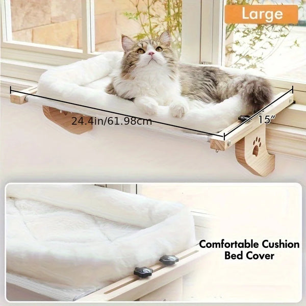 A large cat is relaxing on a wooden window hammock cushion bed cover.
