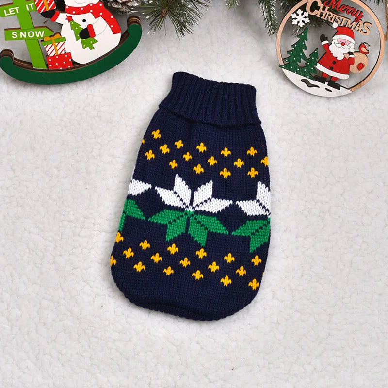 Navy knitted dog sweater featuring white and green patterns for small to medium breeds