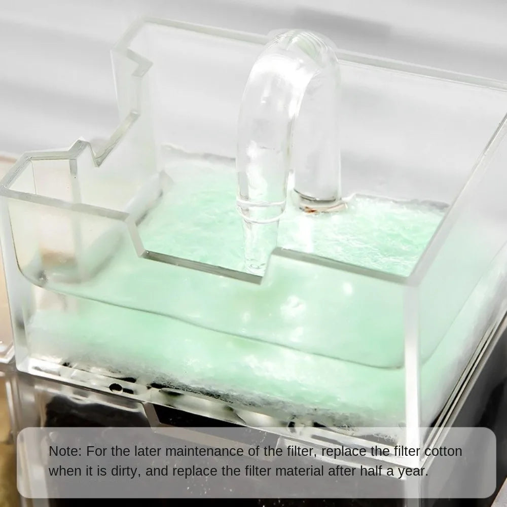 A clear external aquarium filter unit showing a green filter material and a plastic tube for oxygenation.