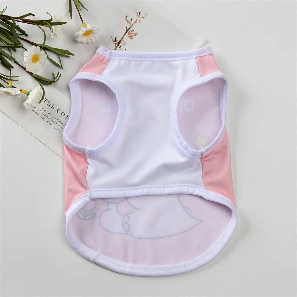 A white and pink breathable sleeveless vest for small dogs and cats displayed on a light surface.