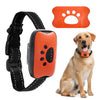 An orange USB rechargeable dog bark collar with a black strap and a paw-shaped component, shown next to a golden retriever.