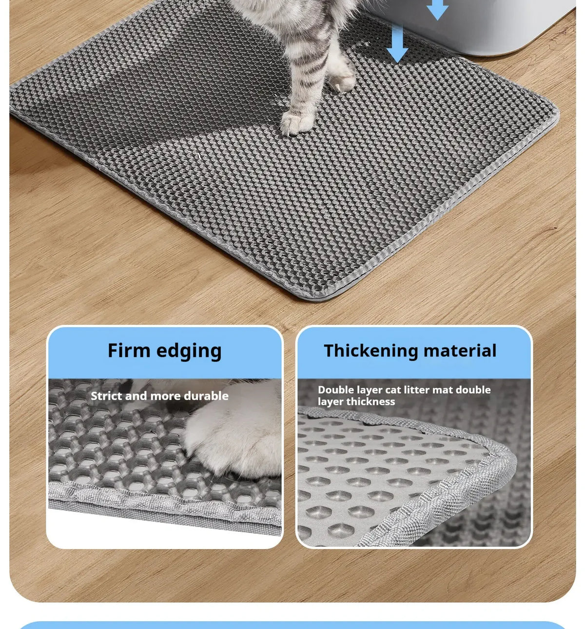 A gray honeycomb cat litter mat with firm edging and a thickening material shown on a wooden floor.