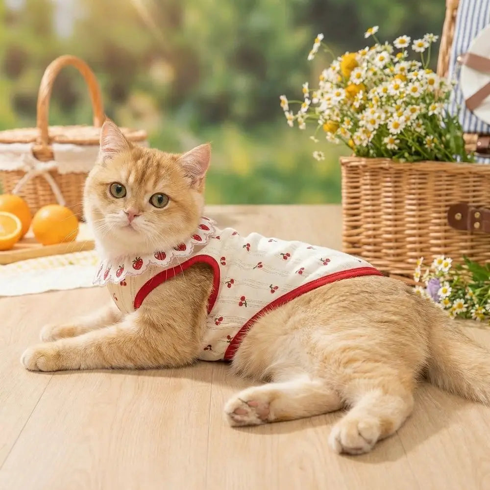 A fluffy orange tabby cat wearing a white vest with red ruffled strawberry print, lying on a wooden surface.