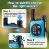 Instructions showing how to quickly choose the right levels on a remote training e-collar for dogs