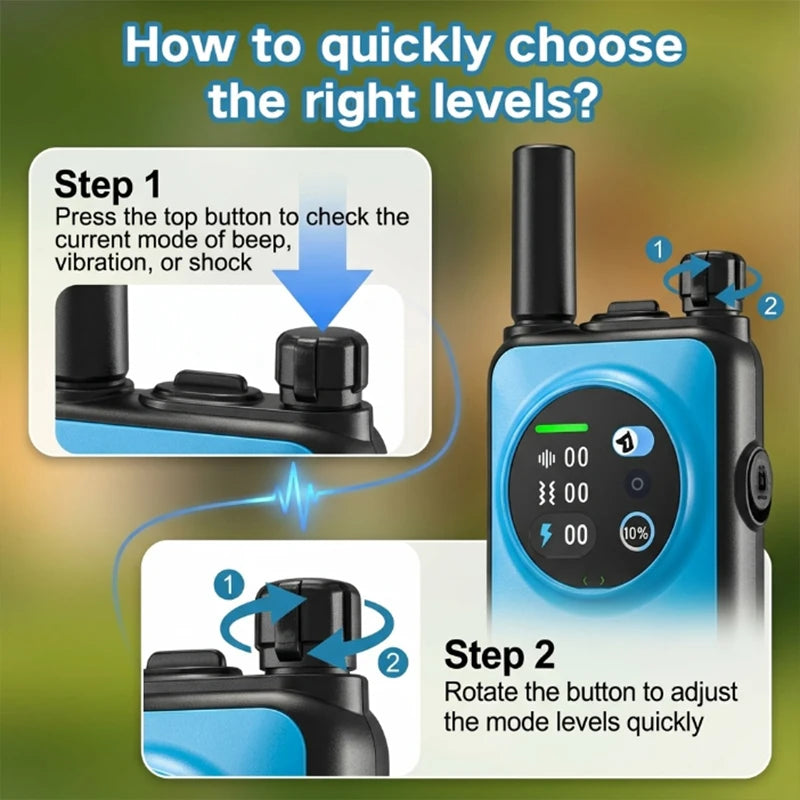 Instructions showing how to quickly choose the right levels on a remote training e-collar for dogs