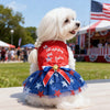 Ein weißer Hund trägt ein patriotisches rot-weiß-blaues Netzkleid mit Sternen und Streifen und sitzt draußen.