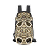 A black backpack designed as a cat and dog carrier with a leopard print pattern.