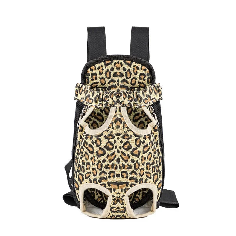 A black backpack designed as a cat and dog carrier with a leopard print pattern.