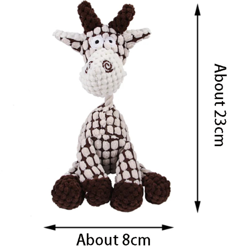 A handmade plush squeaky donkey dog toy with a white face and brown body, measuring about 23cm tall.