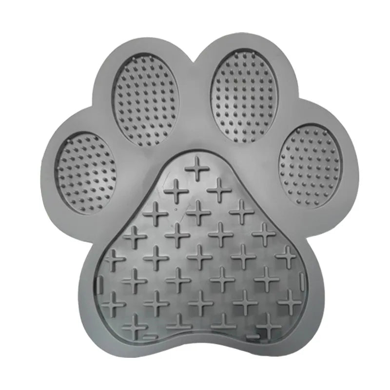 A gray silicone pet licking mat with suction cups designed for dogs and cats.