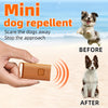 A hand holds a small orange ultrasonic dog repellent device emitting sound waves, with a dog visible in the background.