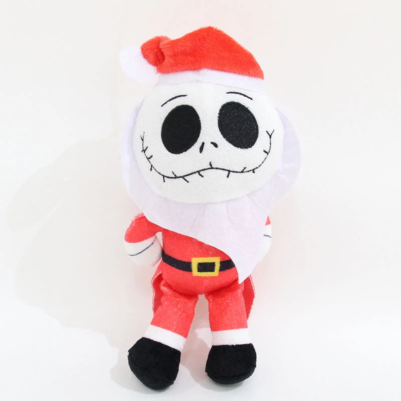 A plush toy of a cartoon skeleton dog dressed in a Santa hat and red outfit.