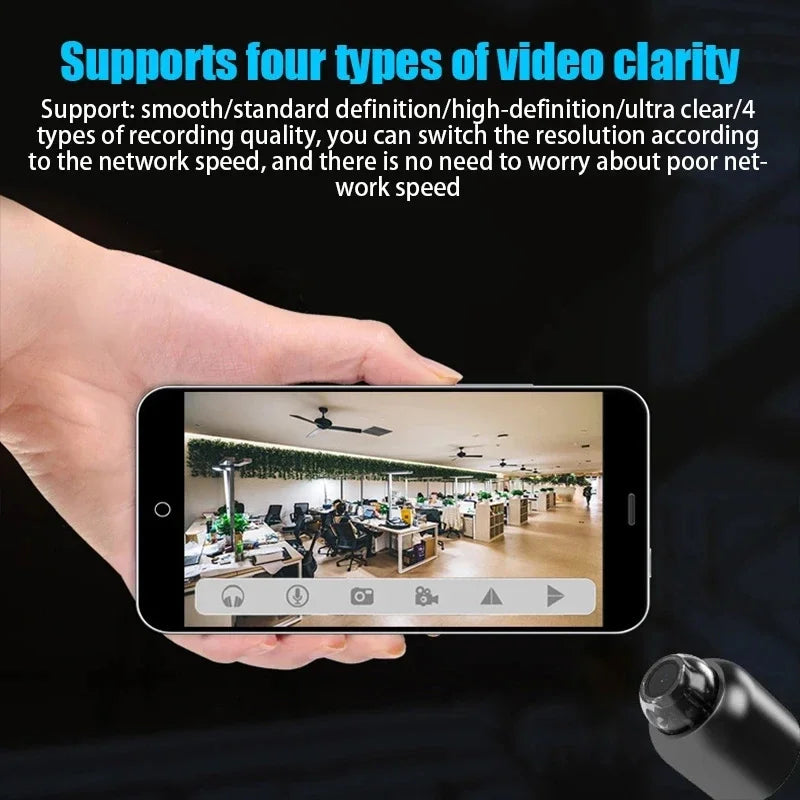 A hand holds a smartphone displaying a video feed from a security camera, illustrating four types of video clarity support.