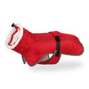 A bright red reflective winter coat for dogs with a white fur trim and black strap.