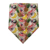 A fabric bandana featuring a tropical print of watermelon slices, pineapples, bananas, and dark fruit on a white background.