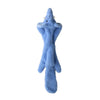 A light blue plush dog toy resembling a dragon or creature with a pointed head and body.