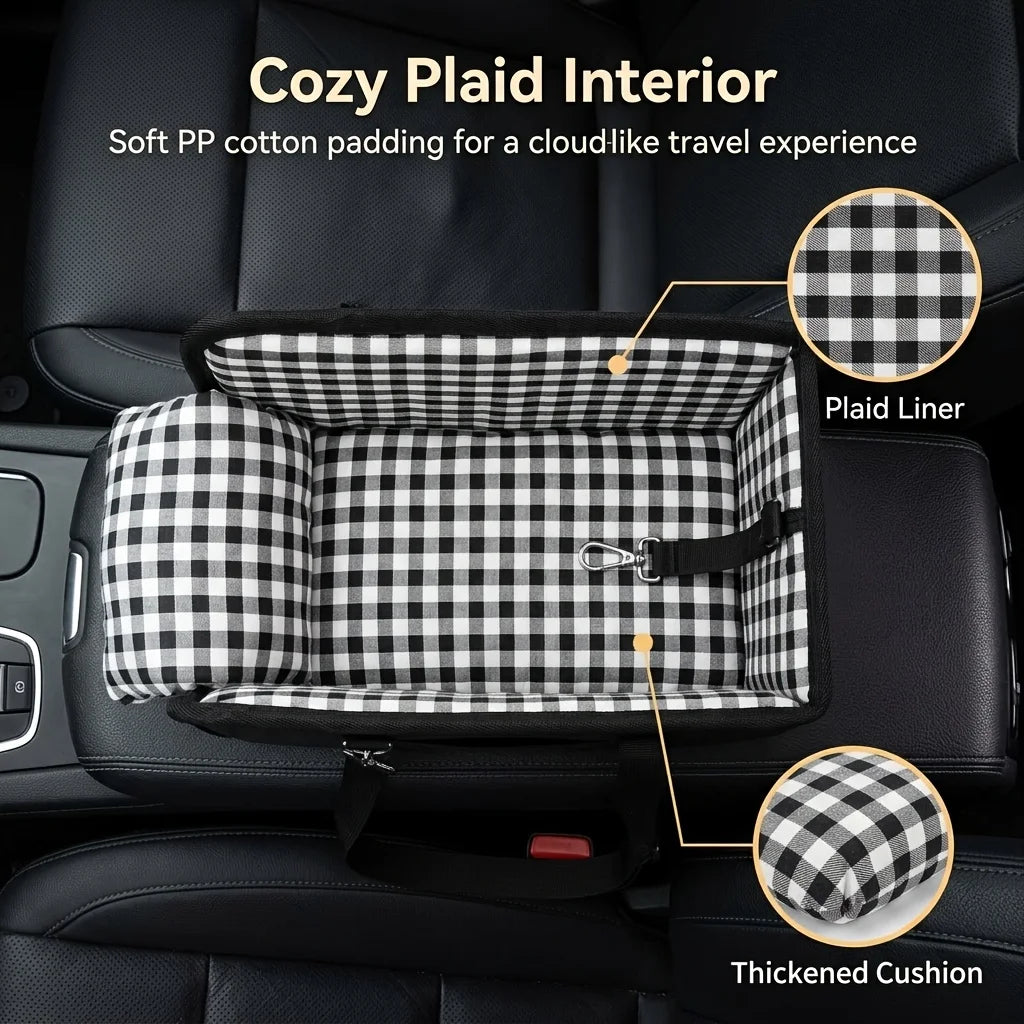 Black plaid liner and thickened cushion for a cozy plaid interior dog car seat