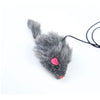 A gray, fluffy cat toy resembling a mouse with pink eyes and a black string attached.