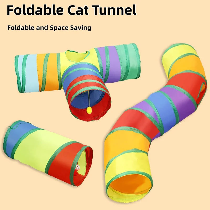 Buntes faltbares Katzentunnel für Indoor- und Outdoor-Spiel, gezeigt in gerollten und ausgefalteten Formen.