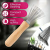 A natural wooden hairbrush cleaner with bristles is shown next to icons highlighting effective cleaning, compact size, and hi