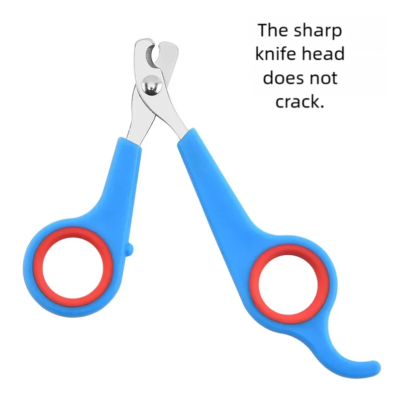 A pair of blue and silver stainless steel pet nail clippers shown open, with text stating the sharp knife head does not crack