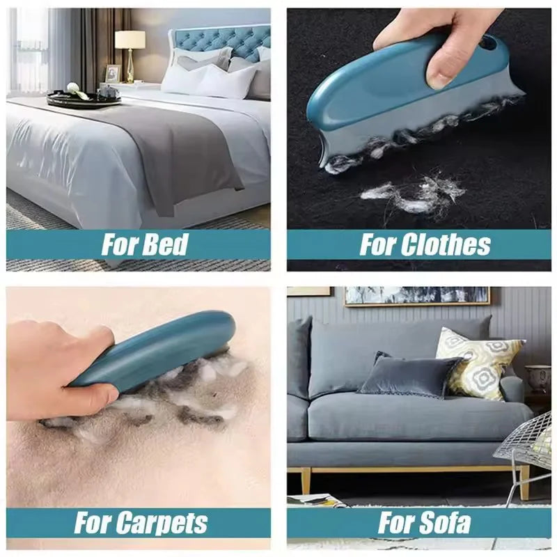 A collection of reusable pet hair remover brushes for bed, clothes, carpets, and sofa surfaces.
