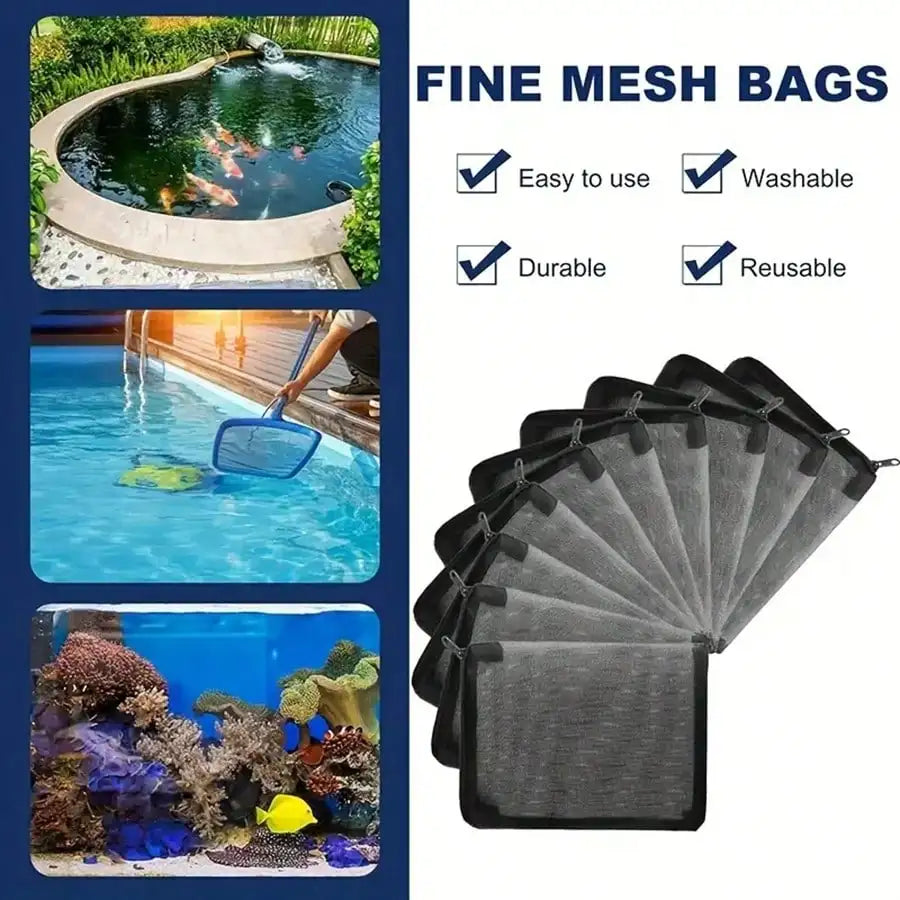 A stack of black fine mesh bags with zippers used for aquarium filtration media.