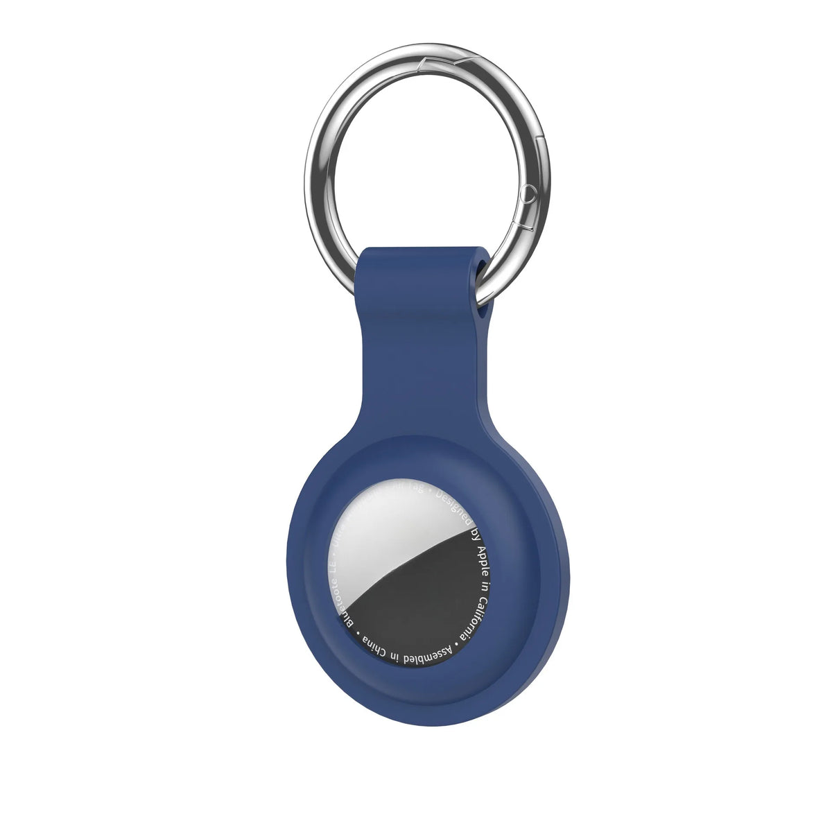 A blue silicone protective cover for an AirTag attached to a metal keychain ring.