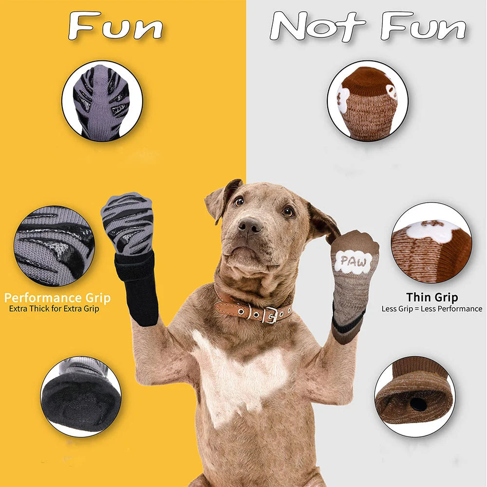 Dog socks for hardwood floors showing a dog wearing a grip and a separate sock product comparison.