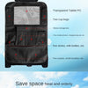 Black car backseat organizer featuring a transparent tablet holder and multiple storage pockets for various items