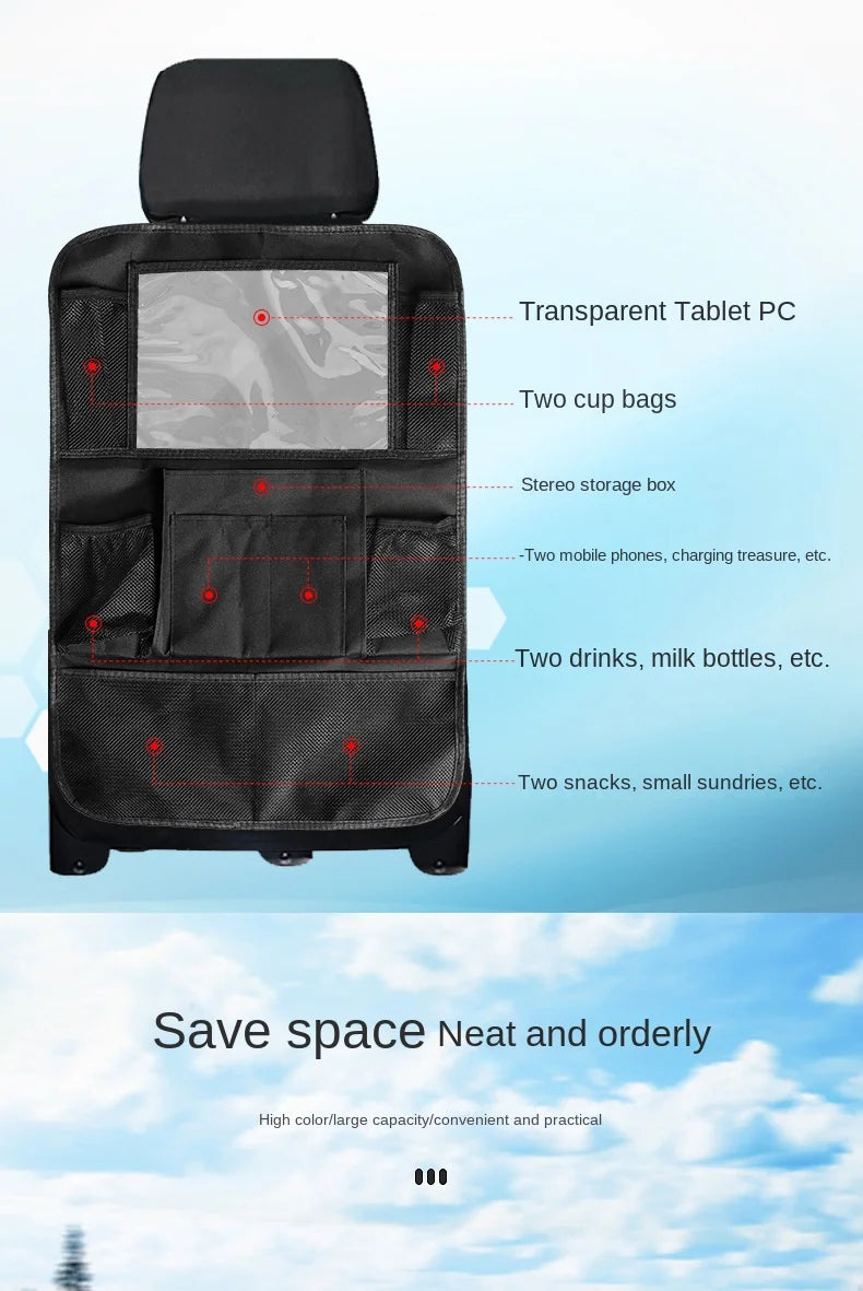 Black car backseat organizer featuring a transparent tablet holder and multiple storage pockets for various items
