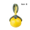 Yellow rubber fetch ball with blue and yellow braided rope handle, 9cm long.