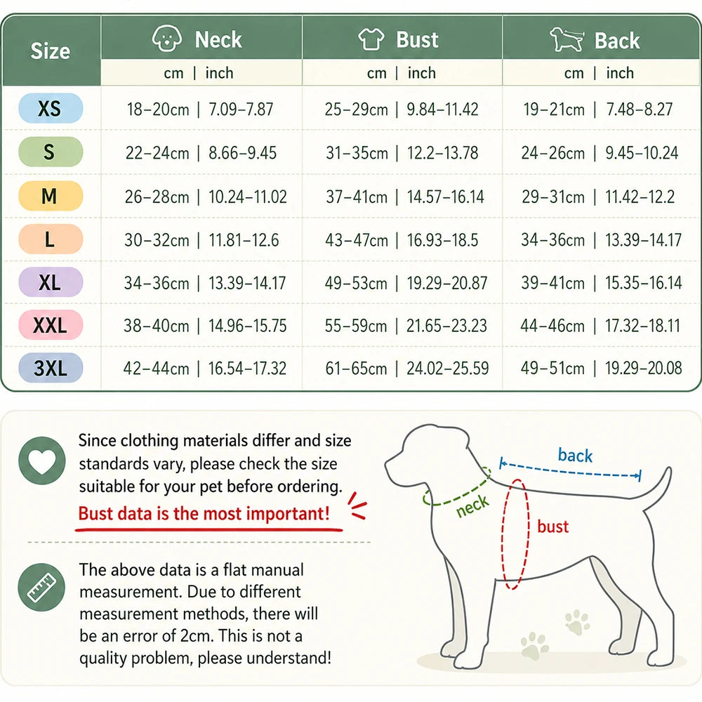 Guide des tailles pour un débardeur de sport pour animaux, montrant les mesures du cou, de la poitrine et du dos en cm et pou