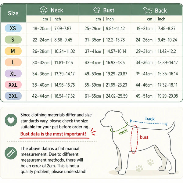 A size chart for a fashion pet singlet showing measurements for neck, bust, and back in centimeters and inches.