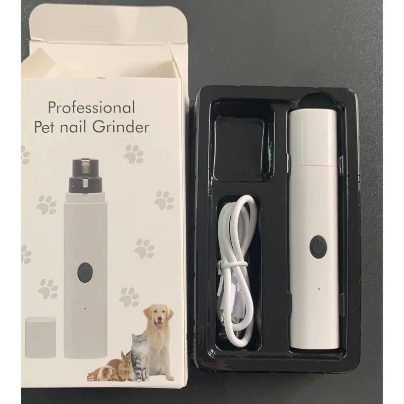 A white professional pet nail grinder is shown in its packaging, alongside a coiled white cord.