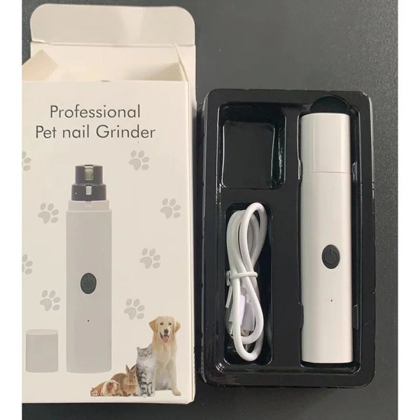 A white professional pet nail grinder is shown in its packaging, alongside a coiled white cord.