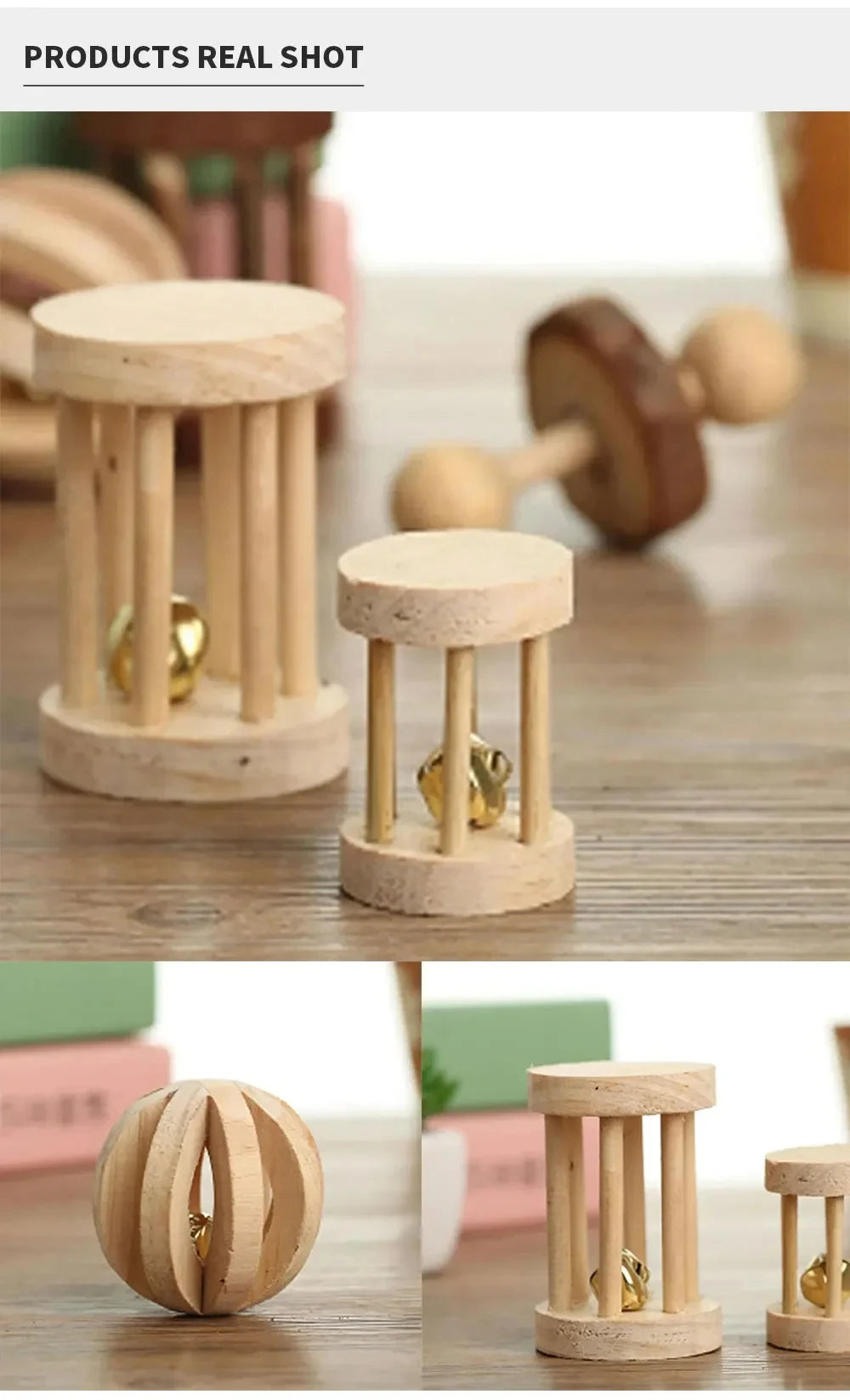Natural wooden chew toy for small rodents shown in various forms and sizes.