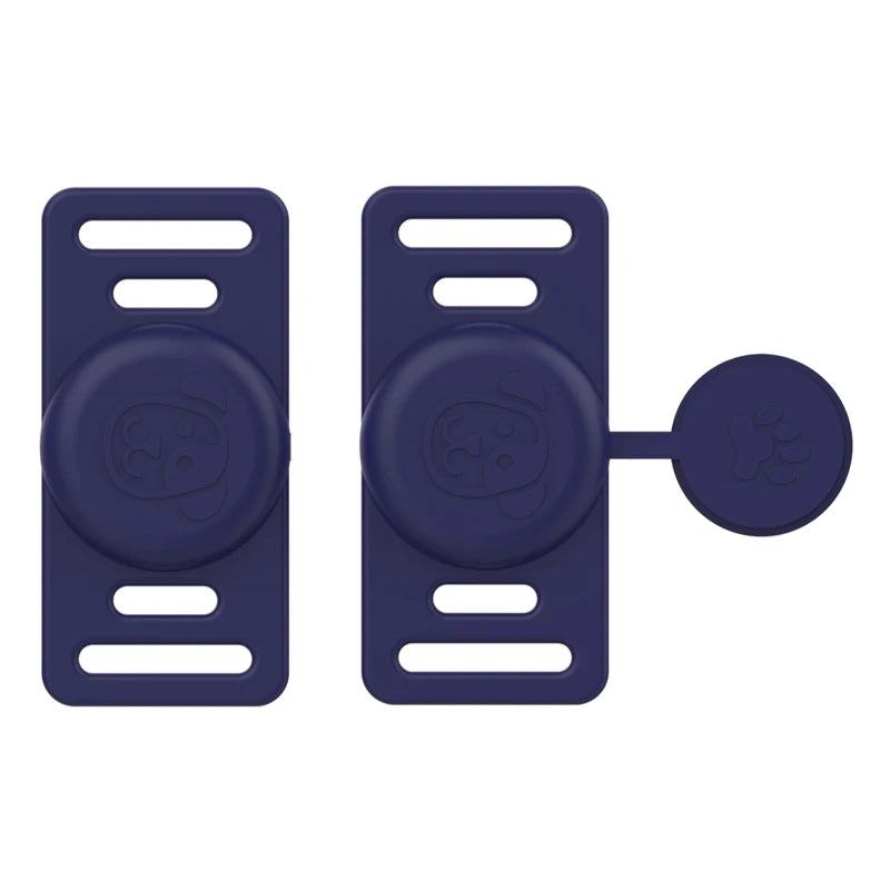 A dark purple silicone airtag holder with a clip and a circular tag attachment.