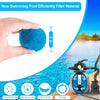 A hand holds a blue filter ball material next to icons indicating 100% polyester fiber, safety, lightweight, and reusability.