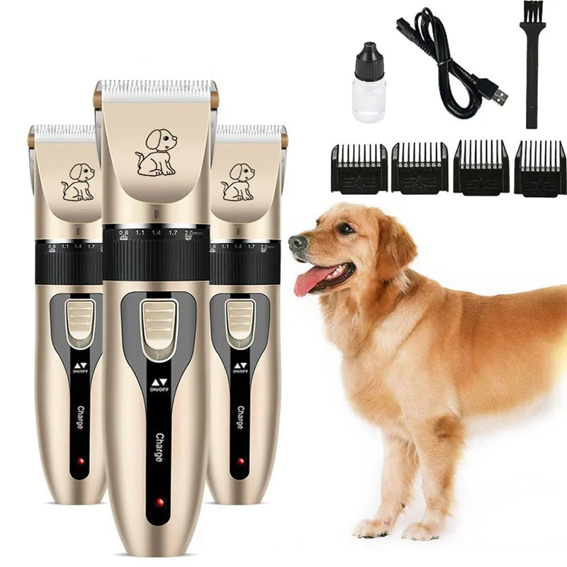 A set of cordless pet hair clippers for dogs and cats in gold and black, shown next to a dog.
