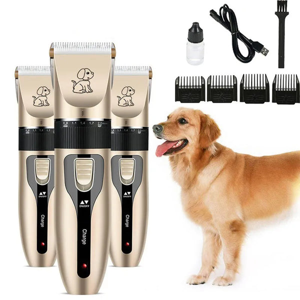 A set of cordless pet hair clippers for dogs and cats in gold and black, shown next to a dog.
