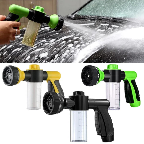 A set of yellow and green high-pressure foam cleaning guns used for washing cars and gardens.