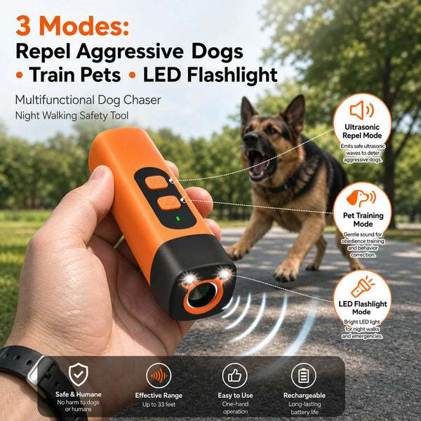 An orange multifunctional dog chaser device is held in a hand, demonstrating its ultrasonic repel, pet training, and LED flas