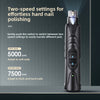 A black rechargeable pet nail grinder with two speed settings is shown on a gray background.